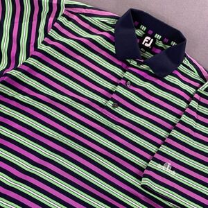 FootJoy Polo Shirt Mens Medium Purple Green Stripe Performance Golf Logo Knit